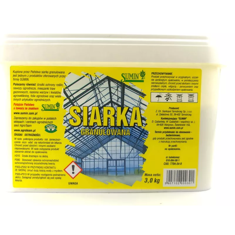 Sumin 3kg Siarka granulowana Zakwaszanie gleby Dezynfekcja Szklarni Odkażanie