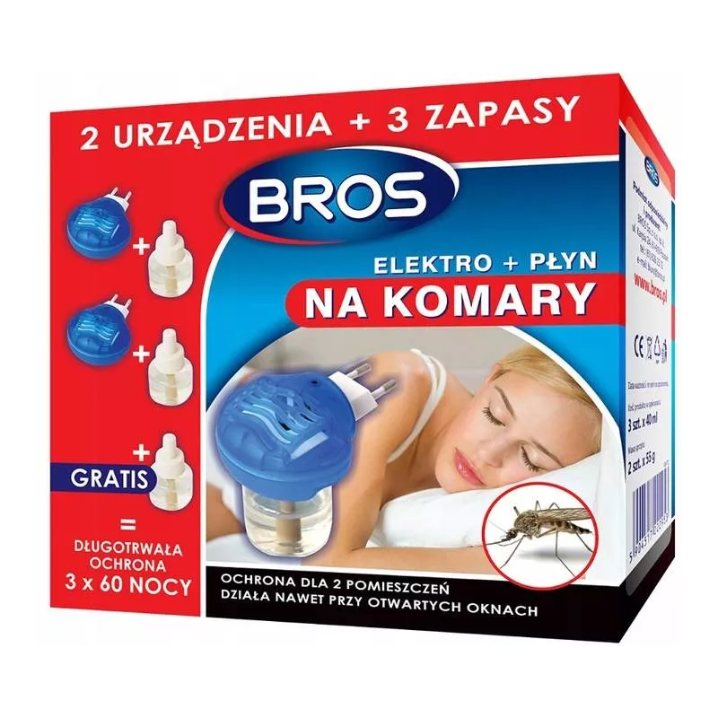 Bros 2szt. + płyny Elektro na komary 180 nocy elektrofumigator działa przy otwartych oknach przeciw komarom