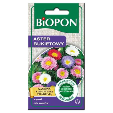 Biopon 1g Aster Bukietowy Mix Nasiona kwiatów Mieszanka kolorów Fioletowe Różowe