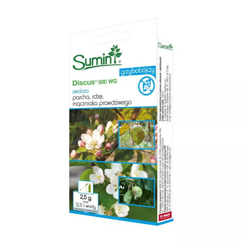 Sumin 2,5g Discus 500WG Środek grzybobójczy parch mączniak plamistość rdza drzewa rośliny ozdobne oprysk