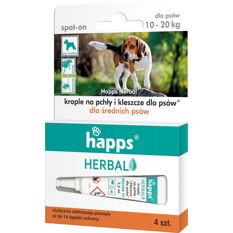 Happs Herbal 4x2,5ml Krople na pchły i kleszcze dla psów 10-20kg