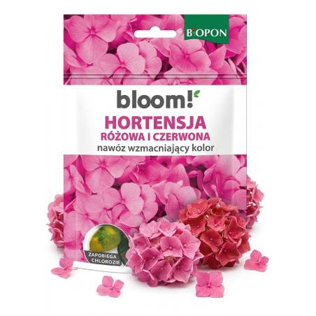Biopon 200g Bloom! Hortensja Różowa i Czerwona Nawóz rozpuszczalny Wzmacnia kolor Wspomaga kwitnienie Zapobiega chlorozie
