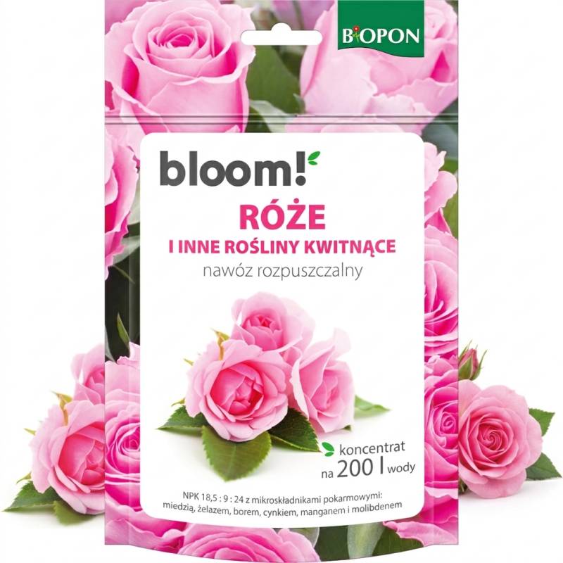 Biopon 200g Bloom! Róże i inne rośliny kwitnące Nawóz rozpuszczalny do róż pobudza wzrost zwiększa liczbę kwiatów
