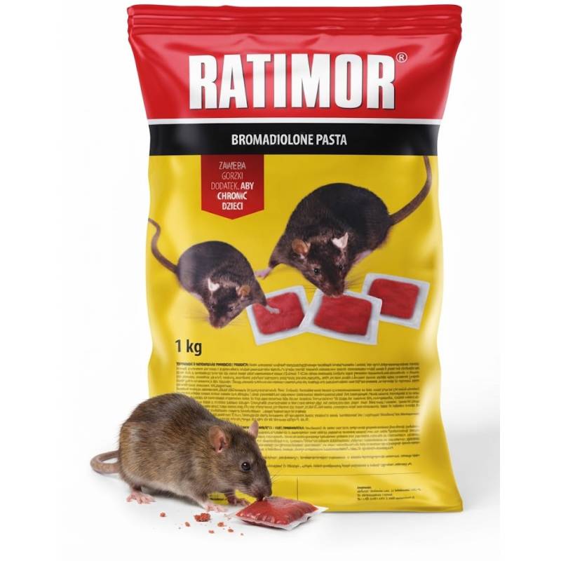 RATIMOR 1 kg Pasta Czerwona Bromadiolon na Myszy i Szczury Saszetki
